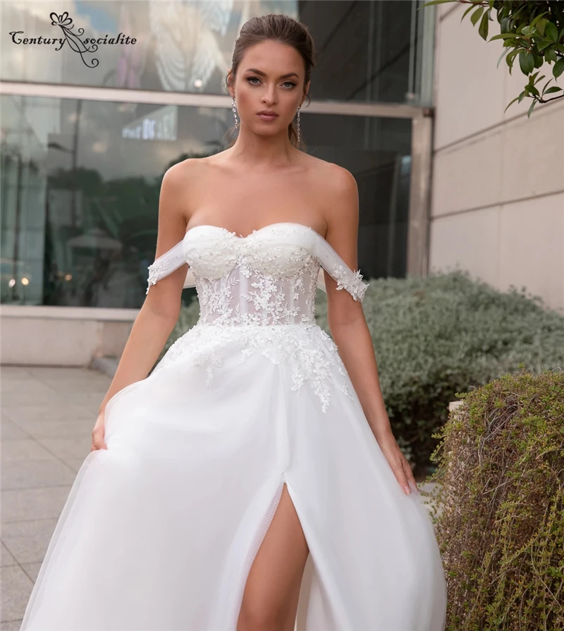 

Beach Wedding Dresses for Women 2021 Lace Appliques Beaded Off the Shoulder A-Line Boho Bridal Gowns with Slit Vestido De Noiva