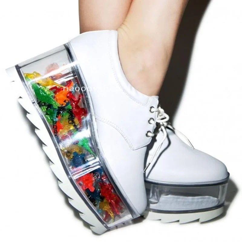 

Transparent Flats Platform Sneakers Ladies Clear Bottom Black White Leather Lace Up Loafers High Platform Street Leisure Shoes