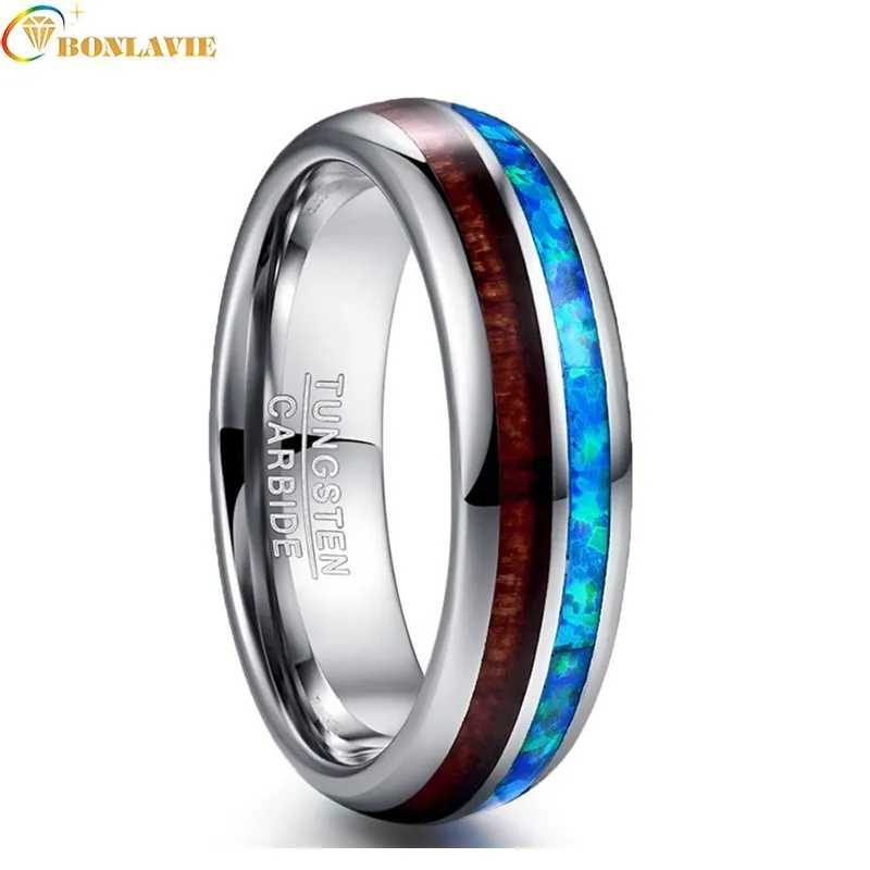 

AAA Quality Vintage 6mm Men Ring Dome Polished Inlaid Blue Opal Acacia Wood Tungsten Steel Ring For Men Wedding Jewelry