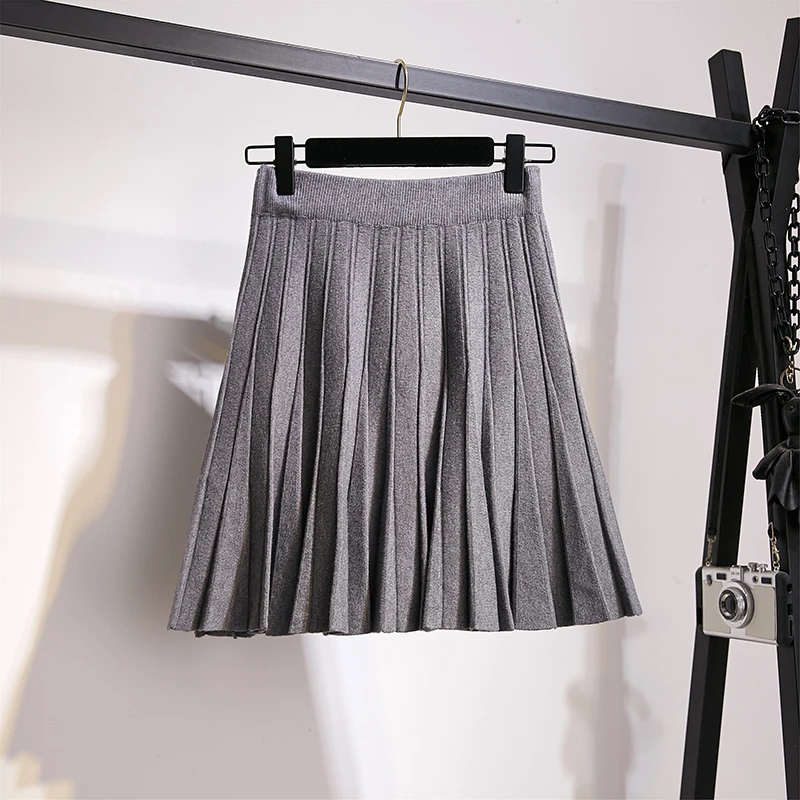 Трикотажные плиссированные мини юбки женские 2019 Осень Зима повседневные