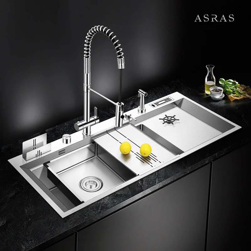 Кухонная раковина ручной работы Asras 11850P SUS304 с шайбой и сушилкой, двойные раковины из нержавеющей стали с промывочным устройством для крана