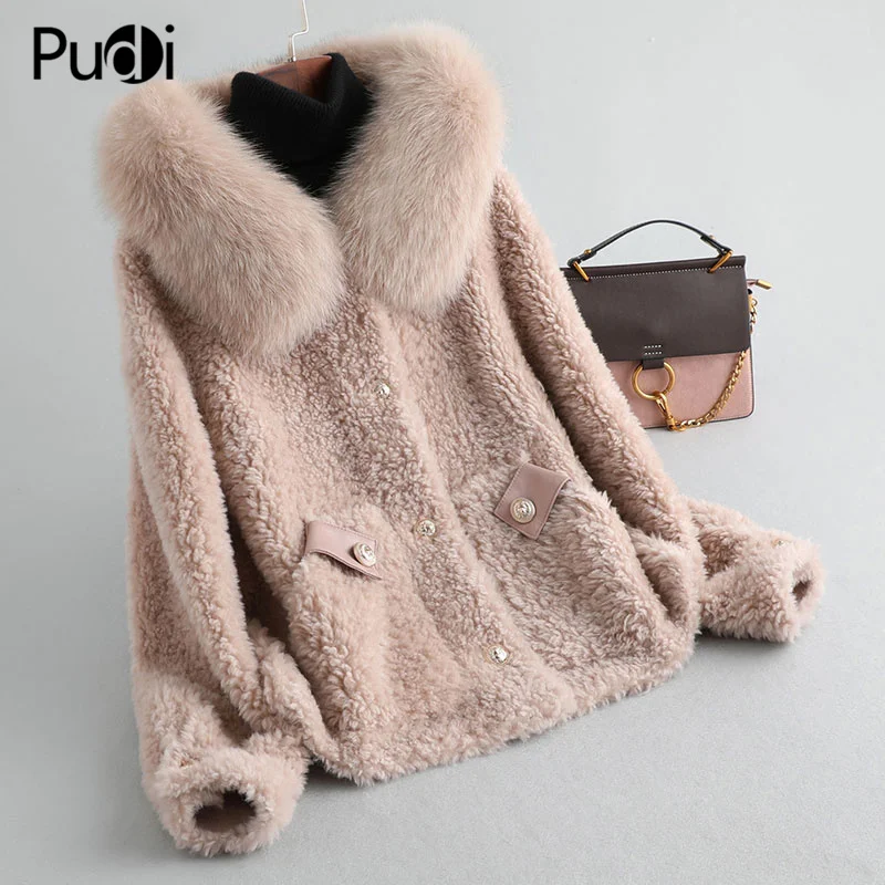 

PUDI Women Winter Real Wool Fur Coat Jacket Female Girl Sheep Shearing Coats Lady Fox Fur Collar Hooded Jacket Overcoats A19073