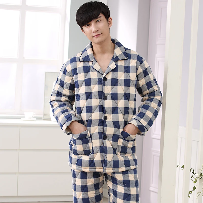 

Pyjamas men three layer thickening warm winter quilted jacket men's pajamas plaid pijamas hombre inverno plus size tracksuit 3XL