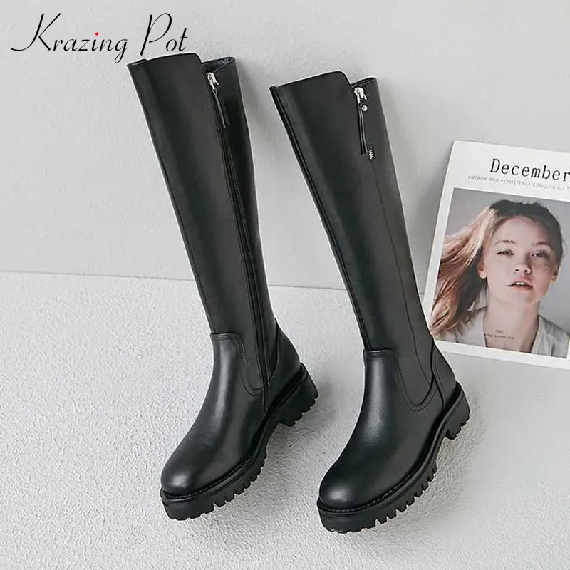 krazing pot winter super keep warm cozy cow leather knight boots round toe med heels solid zipper fashion thigh high boots L5f6