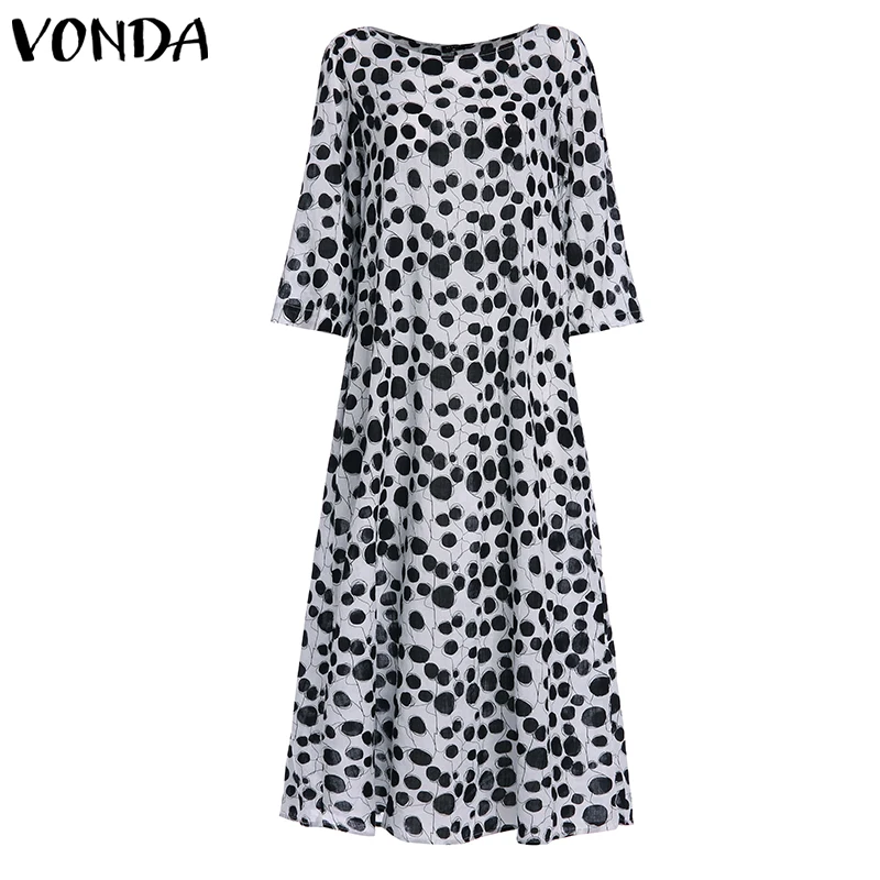 VONDA, женское осеннее платье, богемный сарафан, повседневное, свободное, винтажное, с длинным рукавом, в горошек, с принтом, макси платья размера плюс вечерние, Vestidos