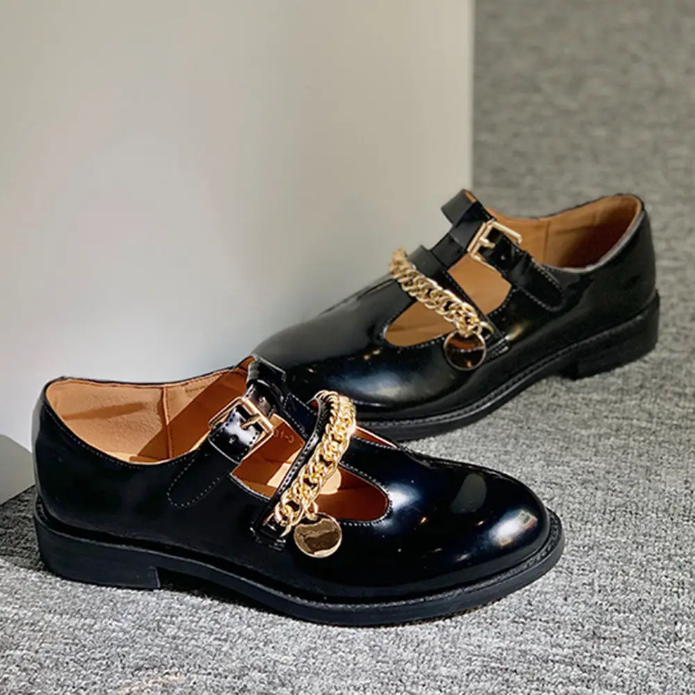 

Great Quality Brand Patent Leather Fashion Chains Black Gothic Sweet Lolita T-Strap Mary Janes Flats Woman Shoes