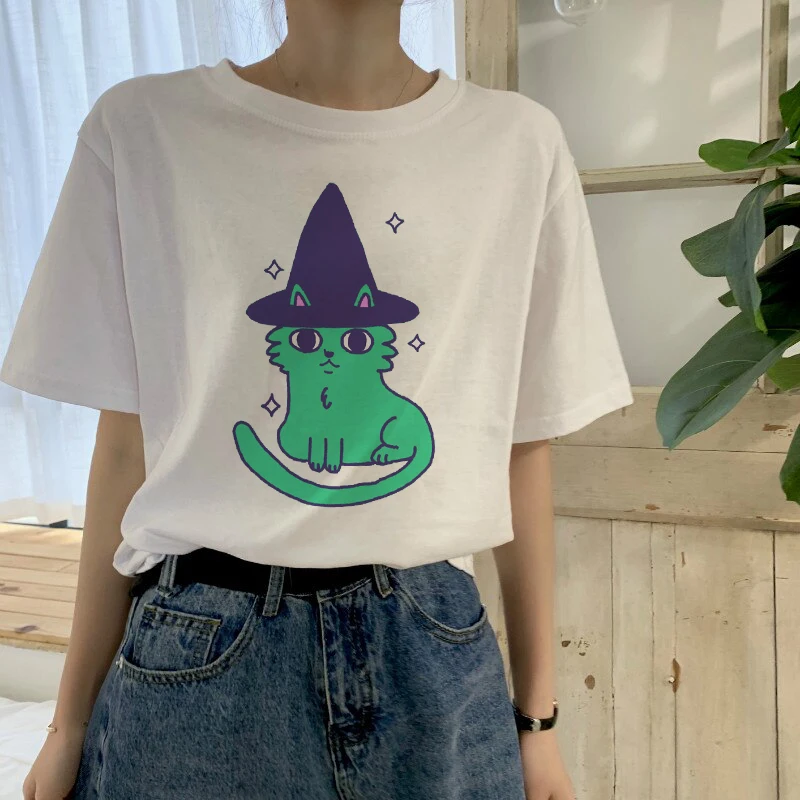 

Футболка MAGICAT женская с рисунком милой кошки, топ с мультяшным принтом, Повседневная Свободная хлопковая рубашка в Корейском стиле с коротк...