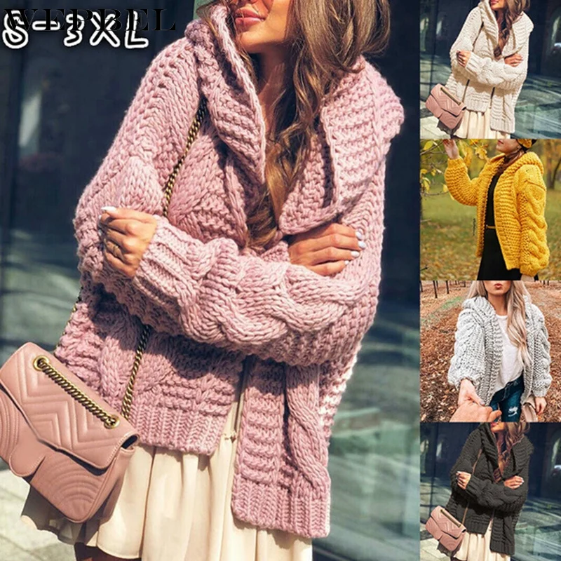 

WEPBEL Autumn and Winter New Arrival Women Hooded Knitted Coat Loose Solid Color Short Sweater Cardigan Coats