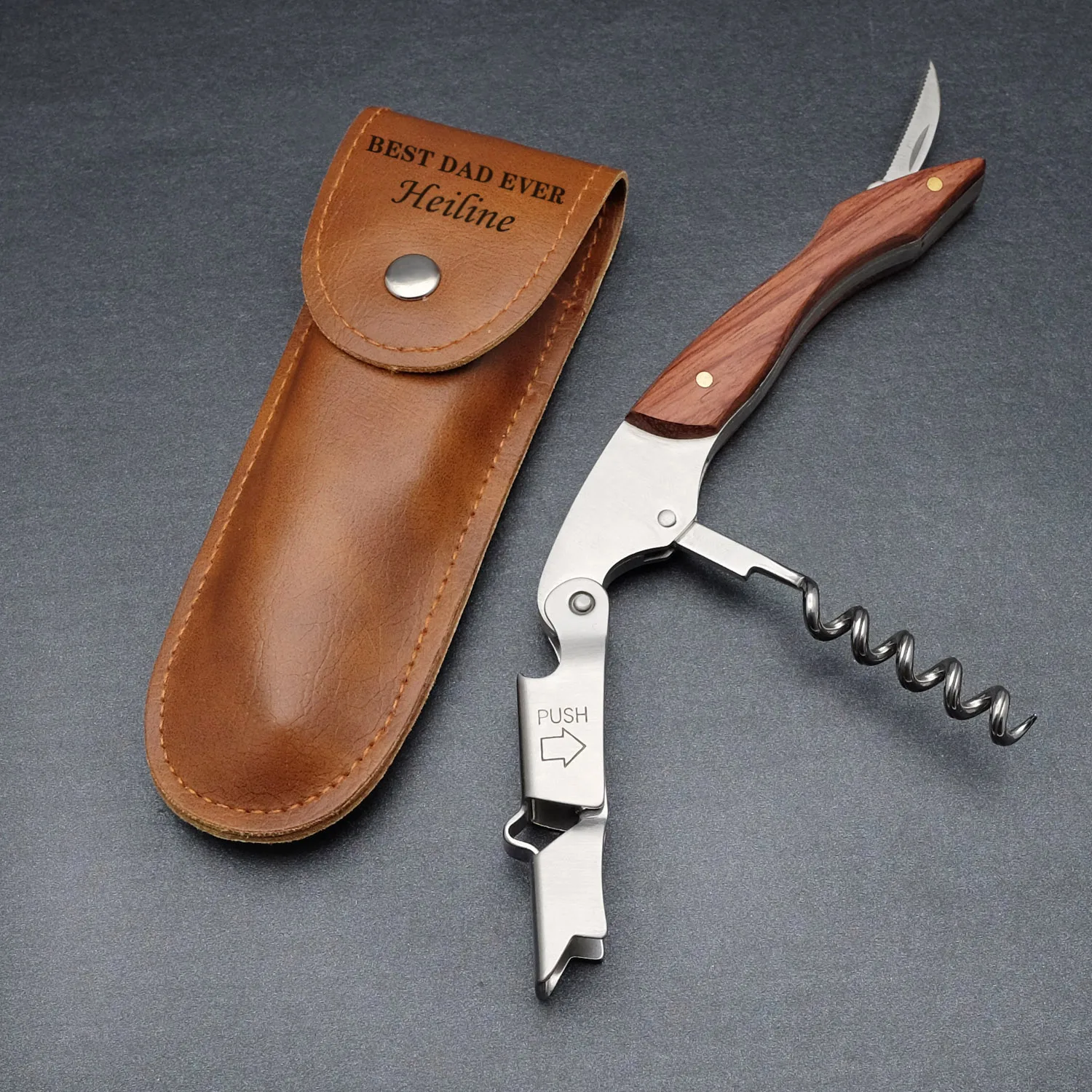 Personalized Corkscrew Wine Bottle Opener with Leather Sheath Wooden Handle Beer Gift For Dad | Дом и сад
