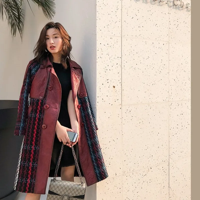 Женское пальто из натуральной овечьей кожи облегающее с поясом ветровка для