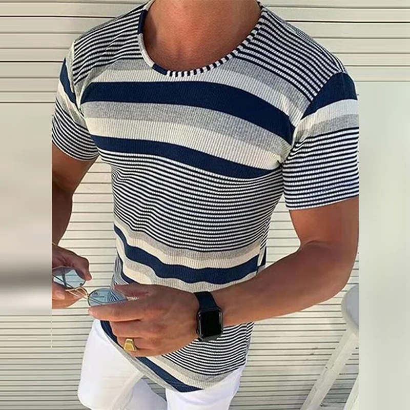 

Casual Short Sleeve Mens Knitted Sweater Pullover Summer Fashion O-Neck Striped Printed Tops Slim Male Clothing Streetwear 2021