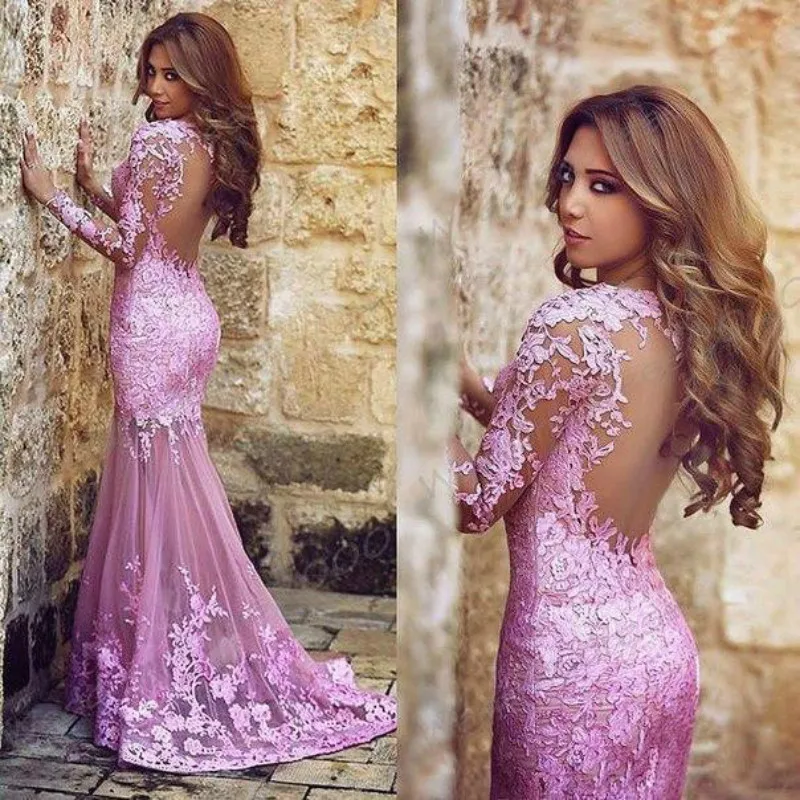 

New Arabic Sexy Pink Sheer Long Sleeve Lace Mermaid Prom Dress Tulle Applique Seen Through Back Formal Party Evening Gowns