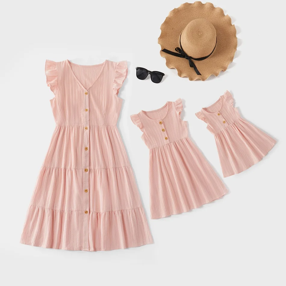 PatPat  New Arrival Summer Cotton Solid Ruffle Matching Dresses Matching Outfits Mommy and Me Mother and Children's Clothing images - 6