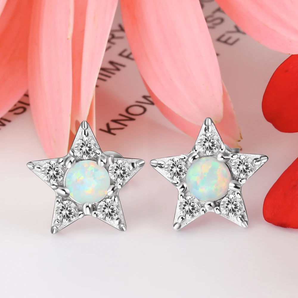 

925 Sterling Silver Star Stud Earrings with Cubic Zirconia Fashion White Opal Earrings for Women