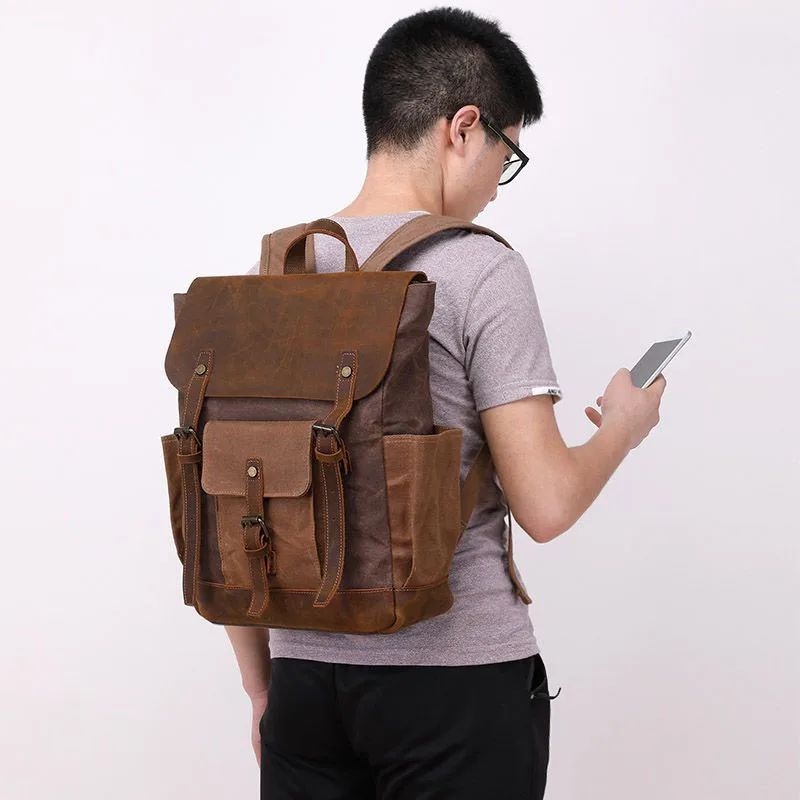 Винтажный холщовый рюкзак из вощеной кожи с отделением для ноутбука (большой)