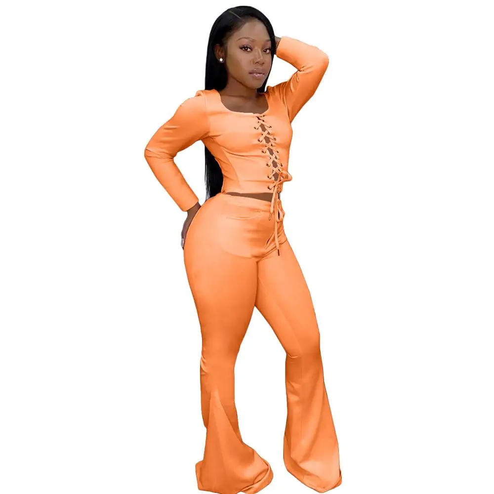 

Newest Solid Women Pants Sets Two Pieces Long Sleeves T Shirt and Bell Bottom Long Pants Casual Tracksuits Party Sports Sets
