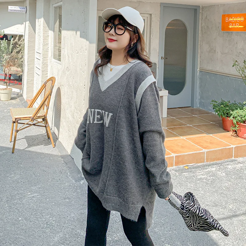 Женская одежда больших размеров осенне-зимние свободные свитера из двух частей