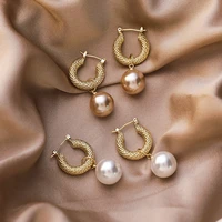 2022 new trend champagne gold pearl drop earrings french retro senior geometric metal temperament korean women earrings jewelry