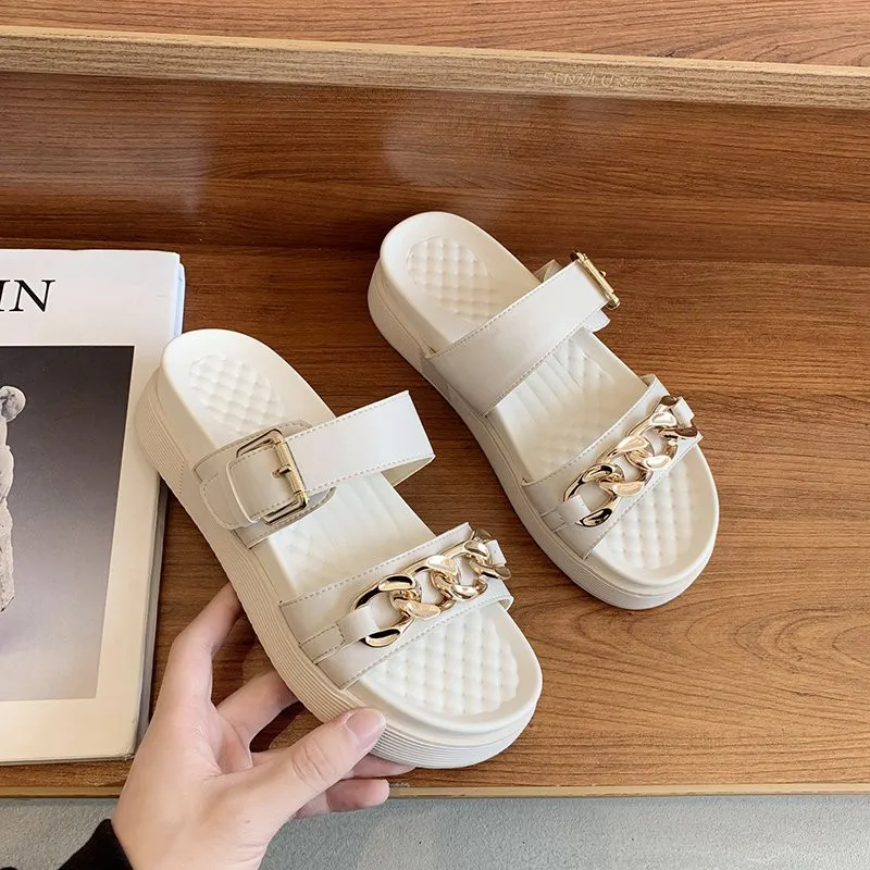 

Flat Shoes Female Slippers Casual Summer Clogs Woman Med Loafers Platform Pantofle Slides Luxury Beach 2021 Soft PU Chain