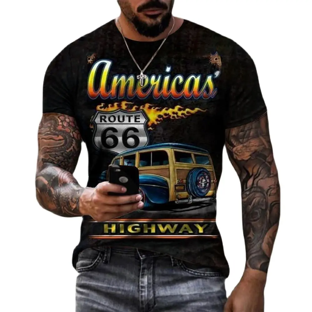 

Summer Route 66 T Shirt Men's 3D Car T-shirt Men's O-neck Short-sleeved Biker T-shirts Men's Casual Top Oversized T-shirts 6XL