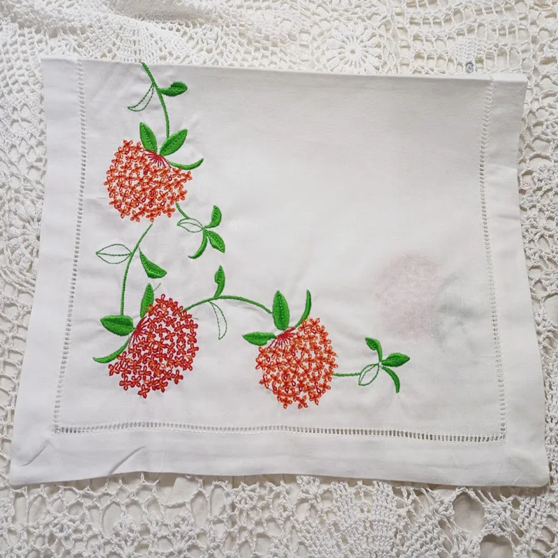 

Set of 12 Pcs White Linen Hemstitched Table Clothes Placemats with Embroidery Floral 14*20 inches for elegant lunch or dinner