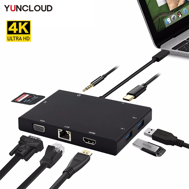 YUNCLOUND USB HUB RJ45 Type C to HDMI VGA LAN Card Reader Audio PD Charging 3.0 Hub for Macbook Samsung S8/S9 Huawei P20 Pro | Компьютеры