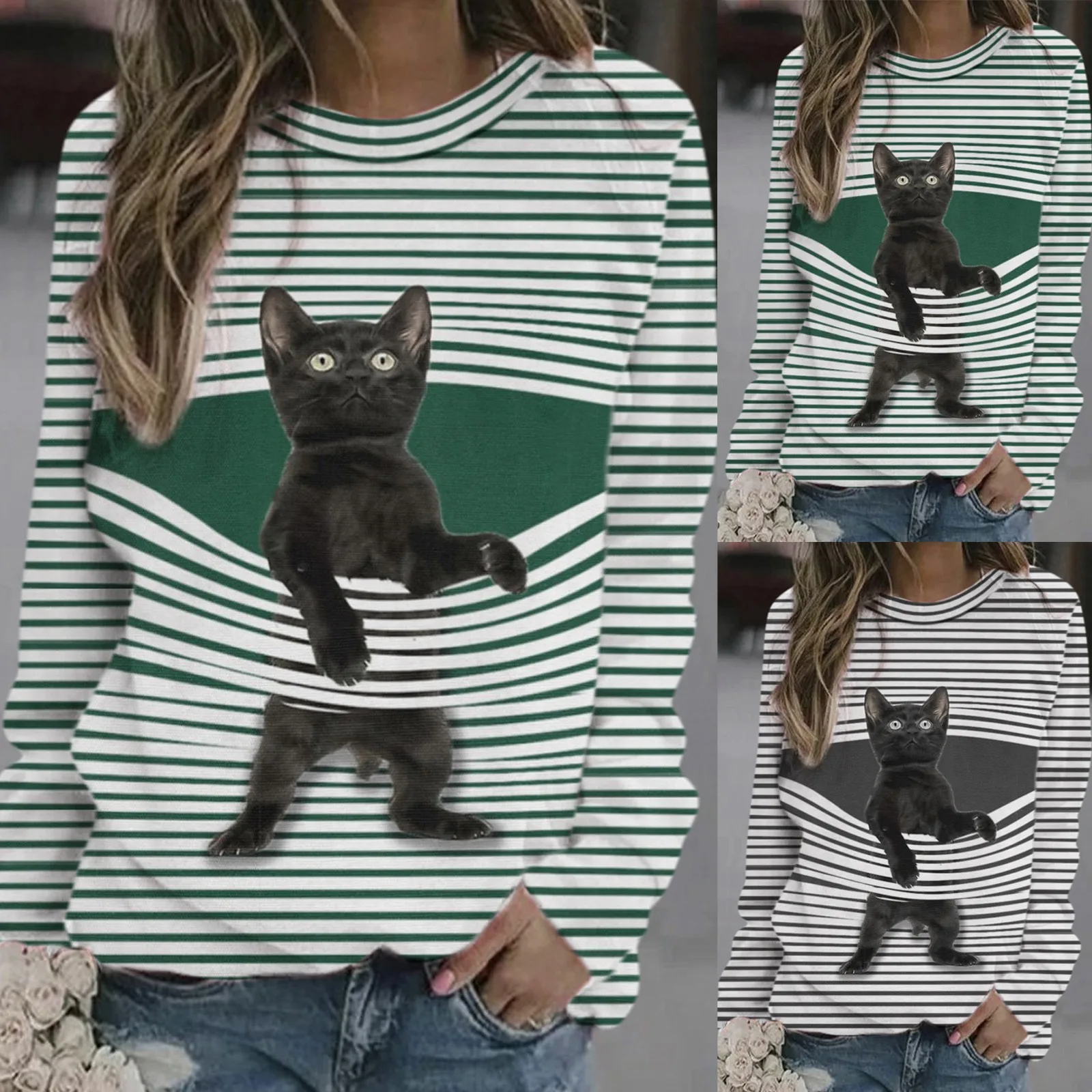 Womens Casual Crewneck Cartoon Cat Striped Loose Soft Long Sleeve Pullover Tops Las Mujeres Sweetshirts Спортивный Костюм Женск