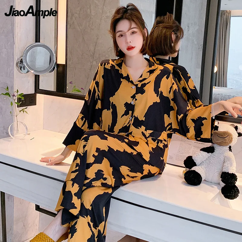 2022 Spring Autumn New Silk Pajamas Home Clothing Suit Women's Thin Long-sleeved Trousers Nightie Cardigan Pijamas Two-piece Set