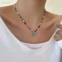 black and white rice beads rose square brand pendant necklace cool simple clavicle chain exquisite accessories for women