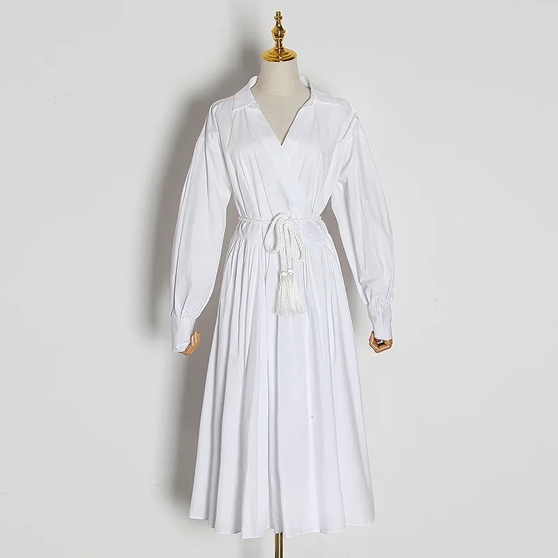 Винтажное платье рубашка белое с рукавами фонариками и высокой талией женское