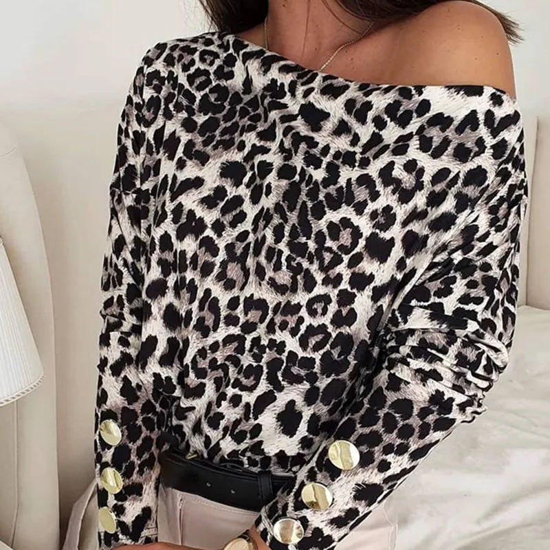 

Spring Leopard Print T Shirts Women Off Shoulder Button Long Sleeve Vintage Top Mujer 2021 Harajuku Casual Femme T-shirts