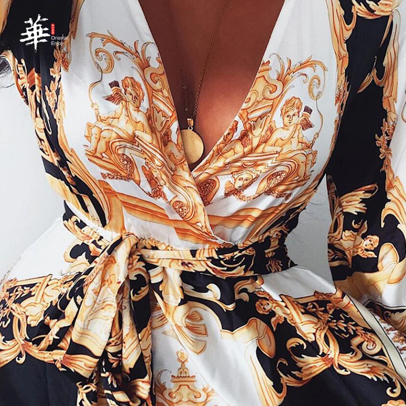 

Retro Vintage Dress Women Fashion Plus Size Long Sleeve Pullover V Neck Printed Long Dress with Slit
