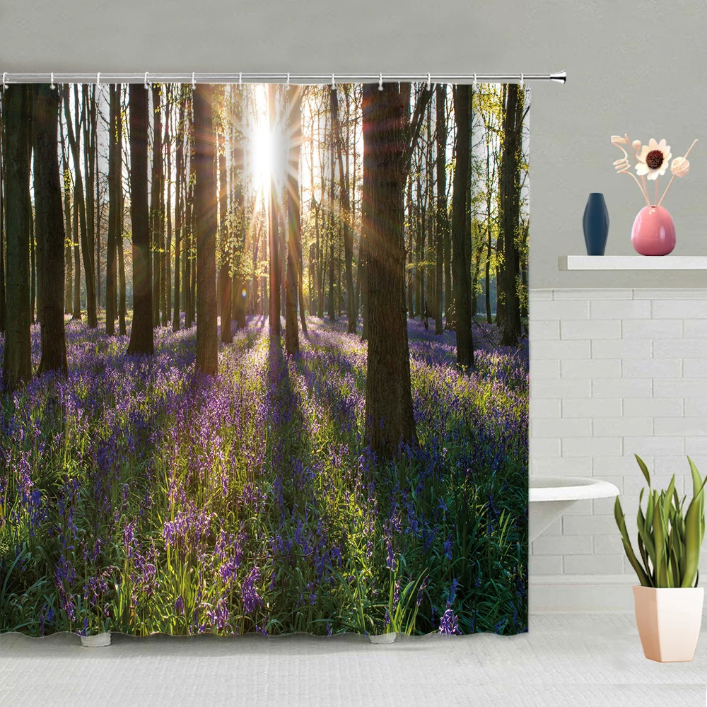 

Sunlight Forest Shower Curtain Green Plant Tree Spring Scenic Bathroom Accessories Set Wall Hanging Curtains Screen Home Decor