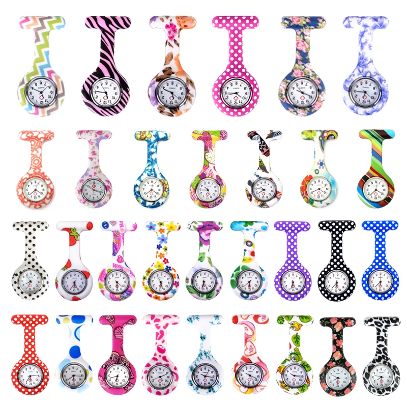 

Blue pink Peony pattern Silicone Nurses Brooch Tunic Fob Pocket Watch Stainless Dial