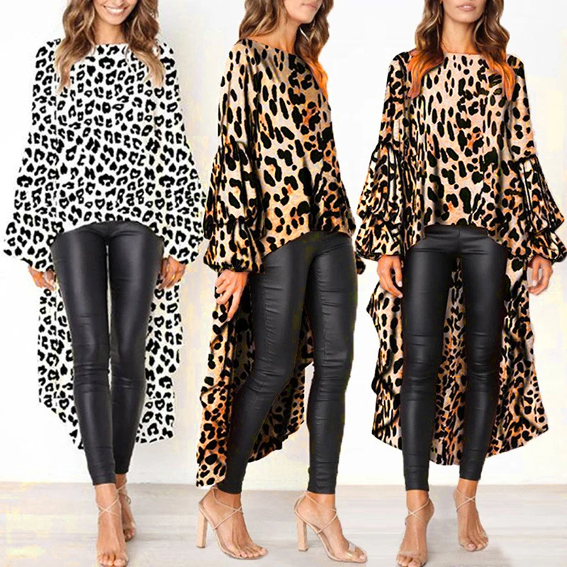 

Spring Women Elegant Long Dress Leopard Print Casual Femme Robe Vestidos Lantern Sleeve Vintage Irregular Dress