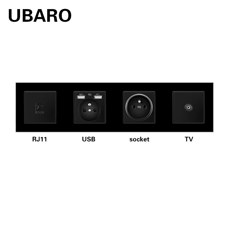 

UBARO 344*86mm French Standard Tempered Glass Wall Socket With RJ45 RJ11 TV Signal Terminals Usb 5V 2A Plugs AC110-250V 16A
