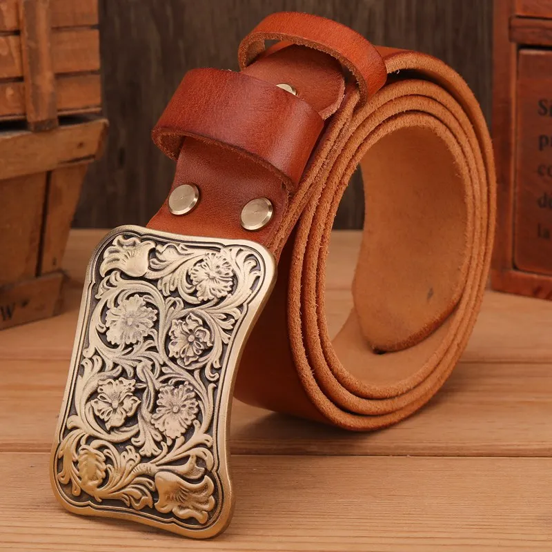 brown flower buckle Твердый латунный ремень с пряжкой в виде цветка, коричневый, черный, мужские ремни, роскошные, полностью зернистые, Воловья кожа, натуральная кожа, высокое качество, винтажная, Золотая Талия - Цвет: brown flower buckle
