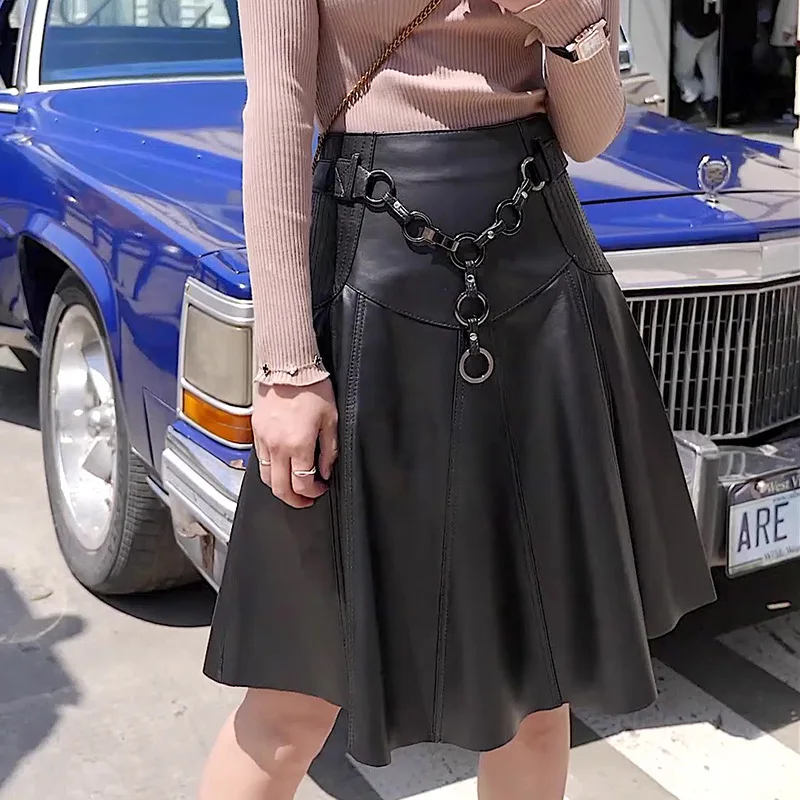 

High Waist Long Real Sheepskin Skirt Female Women Genuine Leather Black Streetwear Skirts 2021 New Fashion Clothes Plus Size