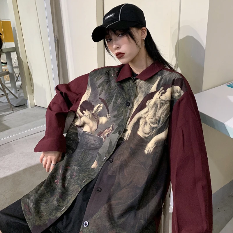 Ulzzang Женские топы и блузки bf принт ins уличная одежда Harajuku Стиль Осень blusas mujer de moda