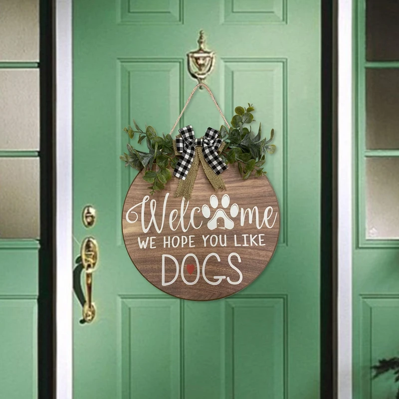 Welcome Sign Wreath Front Door Hanger With Bow We Hope You Like Dogs Round Outdoor Vertical Hanging Decor | Дом и сад