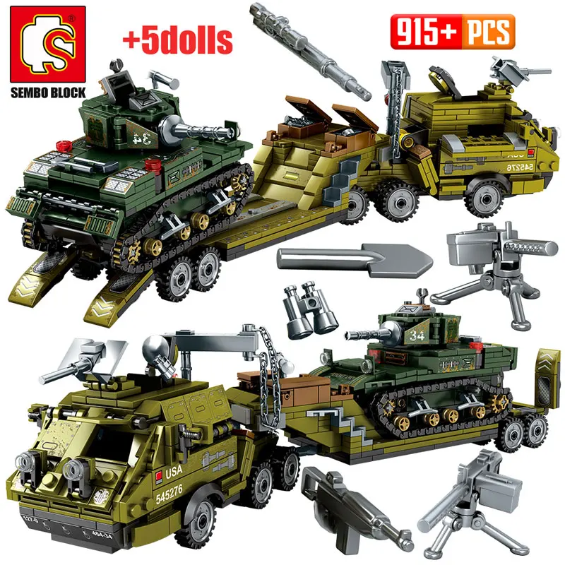 SEMBO 915 шт. WW2 посадочный корабль трейлер строительные блоки Военный танк городская