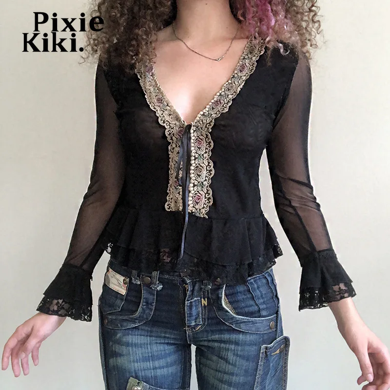 

Пикантные кружевные рубашки PixieKiki с рюшами на завязках сетчатые кардиганы сказочные гранж элегантные женские блузки женские осенние Топы с...