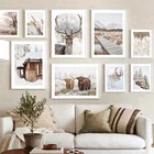 Картина на стену, холст, Зимний снег, лес, дорожка, дом, сани, лось, скот, скандинавские постеры и принты, картинки для декора гостиной