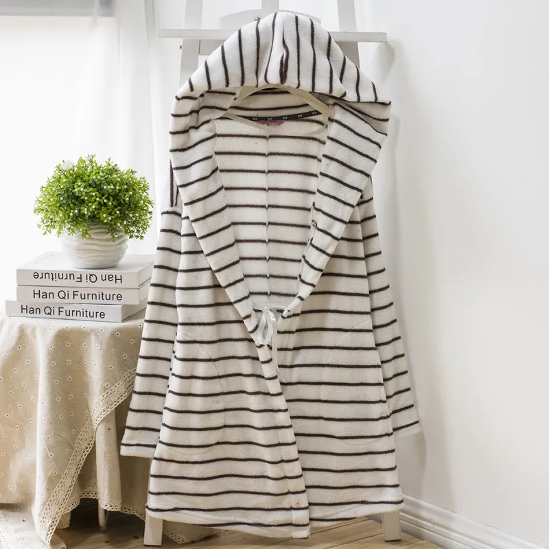 

Women's pajamas Winter flannel nightgown Striped bathrobe with hat