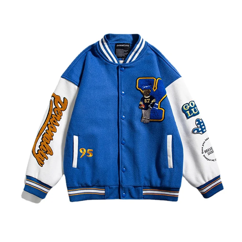 

flocking bear baseball bomber jacket womens 2021 autumn and winter letter embroidery jacket couple campus street leisure