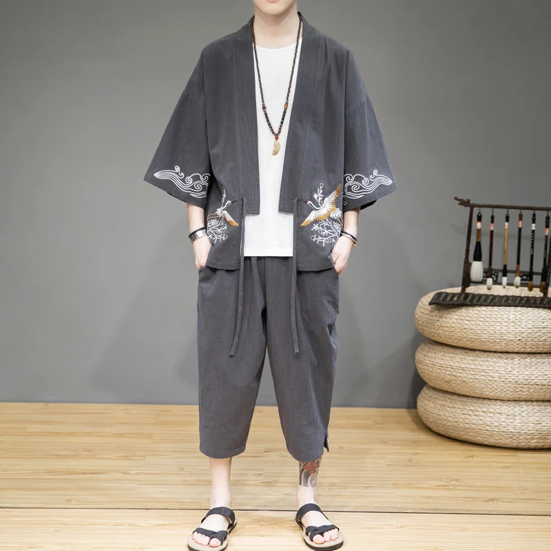 Улучшенный мужской летний льняной костюм Hanfu мужская китайская одежда с вышивкой