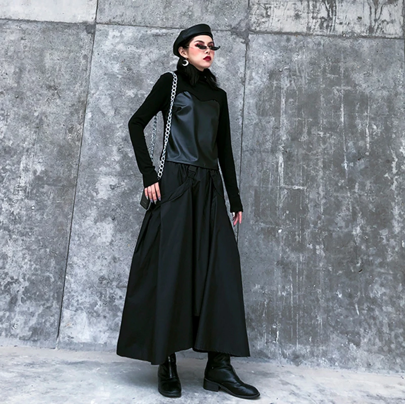 

High Elastic Waist Black Buckle Split Joint IrregularHalf-body Skirt Women Fashion Tide New Spring Autumn 2021 FS117