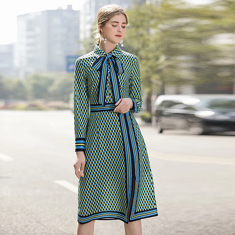 Демисезонный новые женские туфли на плоской подошве Высокое качество модные офисные вечерние Повседневное Винтаж элегантное платье с лацканами с печатным рисунком и длинным рукавом шить платье миди