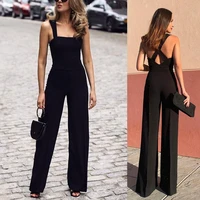 2022 new style jumpsuit wide leg pants straight mid waist open back black trousers thin section