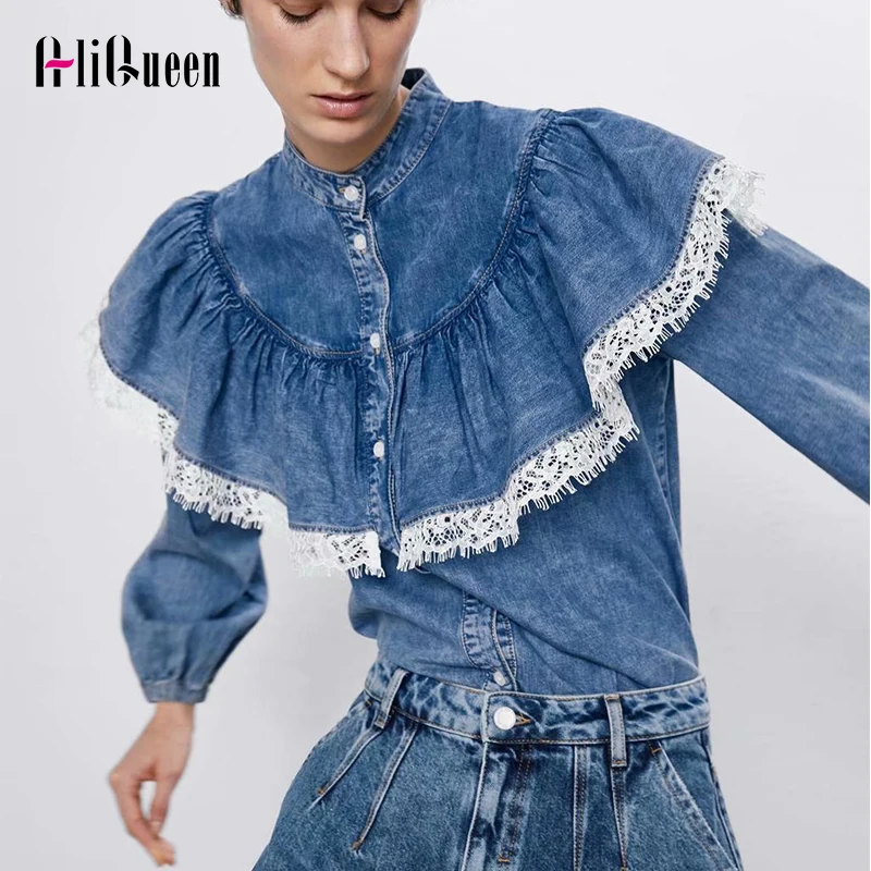 

Spring Long Sleeve Lace Patchwork Ruffle Boluse Shirt Female Bule Denim Blouse Women Tops and Blouses Blusas Mujer De Moda 2021